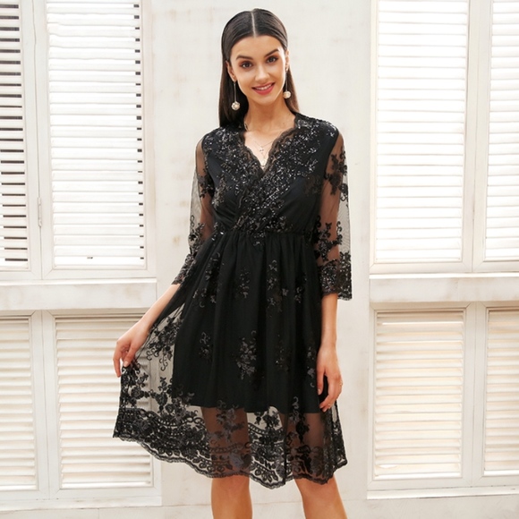 Rouge! Dresses & Skirts - Black Midi V-Neck Mesh Dress with Black Sequins